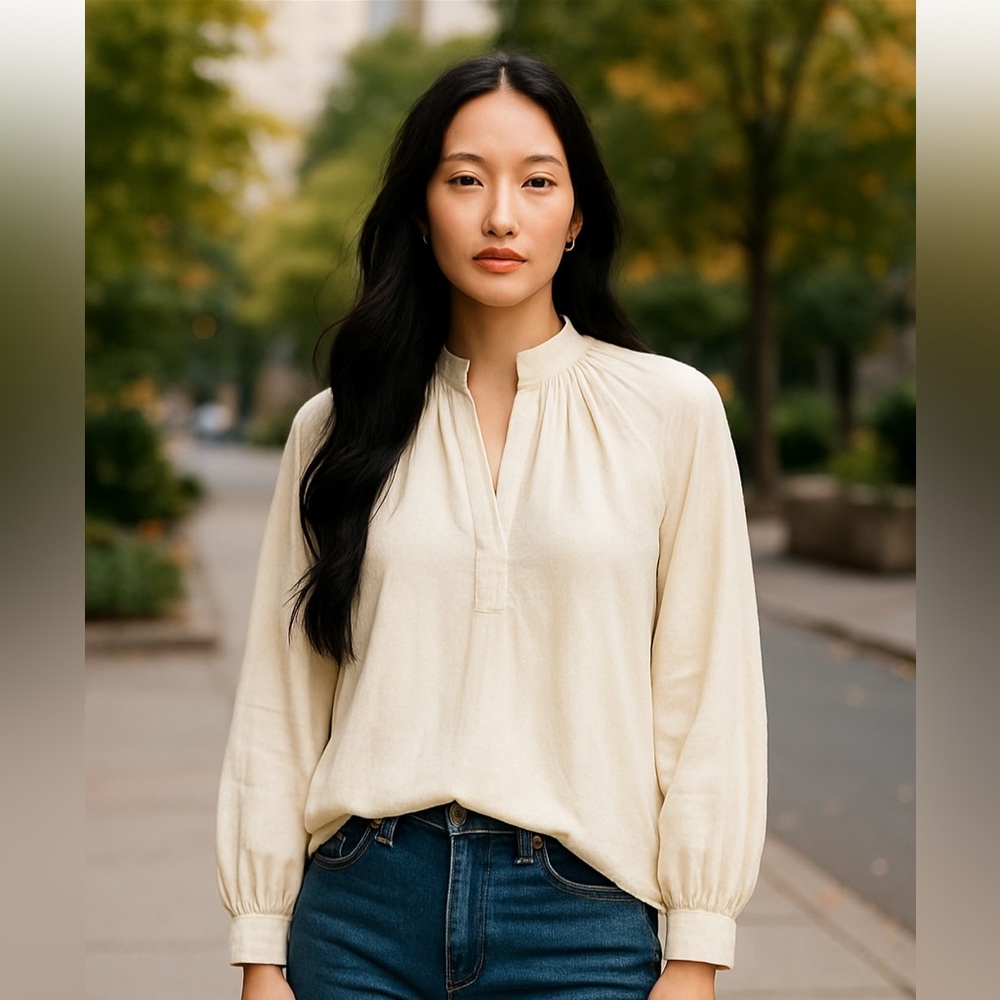 Madewell Womens White Shirred Long-Sleeve Top in Silk